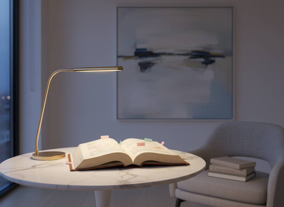 A single open book placed at the center of a round marble table, its pages illuminated by the focused glow of a modern brass reading lamp. On the left page, delicate annotations in the margins frame key passages highlighted in soft pastel tones, while small adhesive tabs mark significant insights. The surrounding space is a minimalist reading room with pale walls, a distant abstract painting, and a discreet stack of additional titles. The lighting mixes warm lamp light with faint evening blue from a window, creating a contemplative yet sophisticated mood. Photographic realism, shot from a slightly elevated angle, with a balanced composition that draws the eye into the unfolding inner journey suggested by the text.