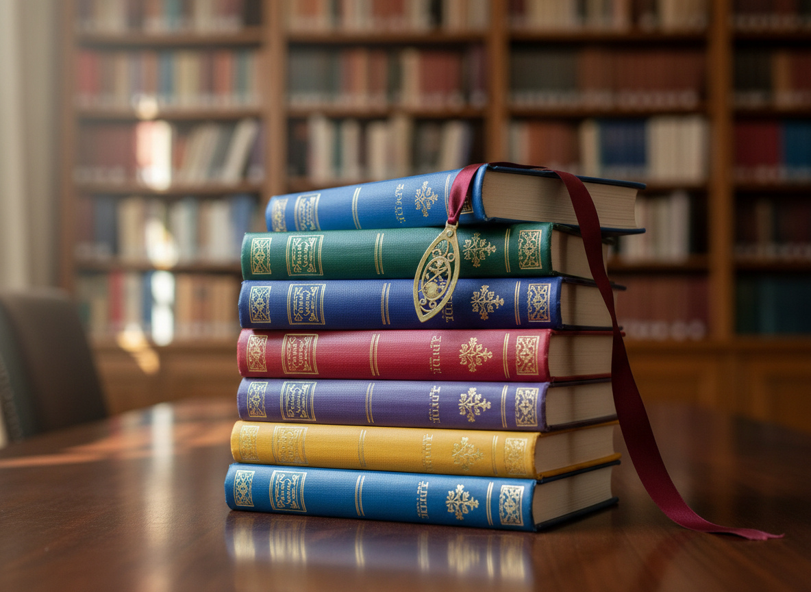 An elegant stack of hardbound books in deep jewel tones, each spine embossed with fine gold lettering, arranged in a gentle spiral on a dark walnut table. A single, delicately engraved brass bookmark rests half-open in the top book, its ribbon trailing over the edge. Soft morning light enters from an unseen window, grazing the covers and creating subtle reflections on the gold details. In the blurred background, floor-to-ceiling bookshelves suggest a refined library. Photographic realism, shot at eye level with a shallow depth of field, creates a calm, sophisticated atmosphere that evokes introspection and the promise of personal growth through reading.