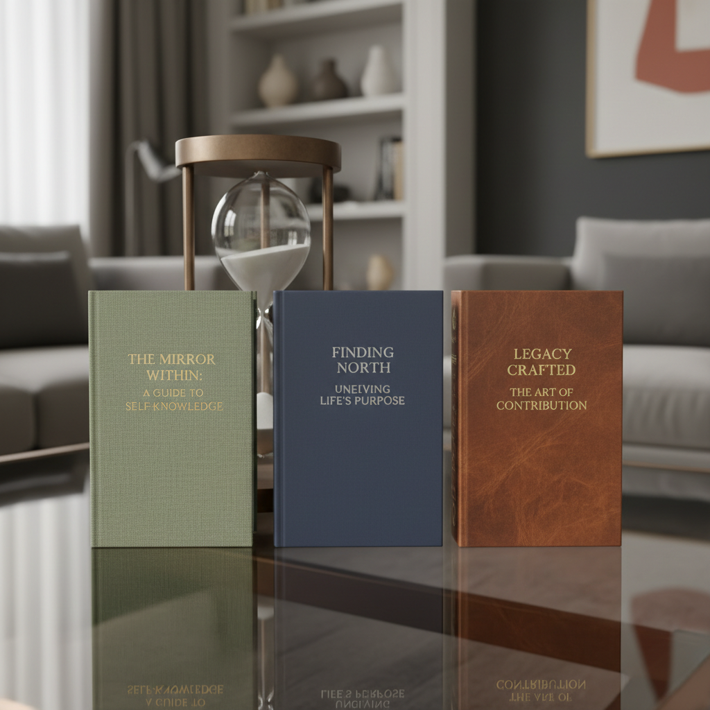 Three carefully curated books, each with a different textured cover—linen, smooth matte, and aged leather—are arranged in a precise line on a smoked-glass coffee table. Discreet title text on the covers hints at themes of self-knowledge, life purpose, and contribution. Behind them, a sculptural metal hourglass filled with fine white sand slowly runs, symbolizing the passage of time. Soft, diffused daylight enters from a large unseen window, producing polite reflections on the glass surface and gentle highlights on the book textures. The background shows a refined living space with muted tones and clean lines. Photographic realism, eye-level composition with moderate depth of field, evokes a serene, reflective atmosphere around intentional, transformative reading.