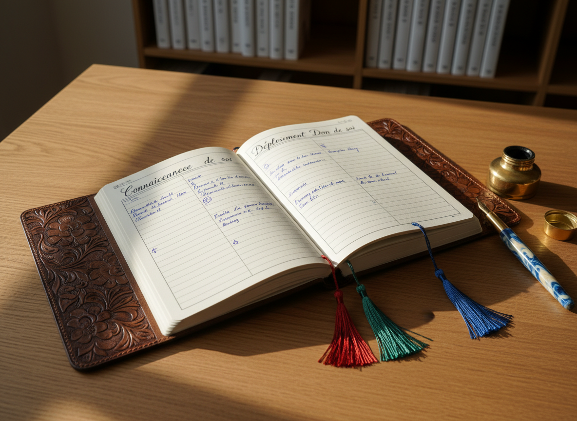 A finely crafted leather reading journal, open to a page filled with neatly ruled sections labeled “Connaissance de soi,” “Déploiement de soi,” and “Don de soi” in elegant calligraphy, lying on a smooth oak desk. Around it, color-coded metal bookmarks and a slender fountain pen with a marbled resin body are carefully arranged. Late-afternoon natural light from the side casts long, gentle shadows, giving the scene depth and warmth. In the softly blurred background, a minimal bookshelf with neatly aligned volumes suggests order and clarity. Photographic realism, overhead three-quarter angle, with crisp focus on the journal, conveying a thoughtful, structured approach to personal development through reading.